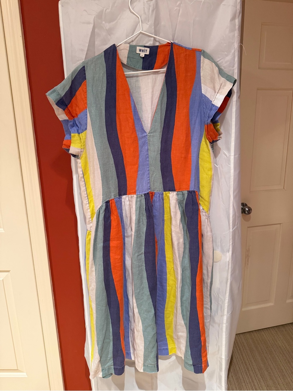 WHIT Multicolor Striped V-Neck Casual Dress - Orange, Blue, Yellow, Green, White - Picture 1 of 1